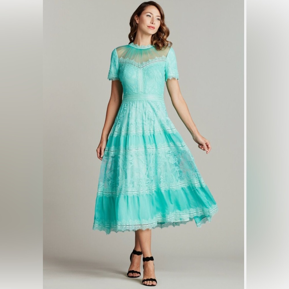 Tadashi Shoji  Camilla Tea Length Dress in Aqua Marine